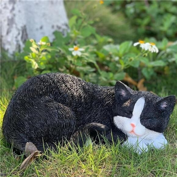 Cat Statue Outdoor Cat Figurines Garden Decor, Black Cat Statue Figurine Decor - Picture 1 of 7